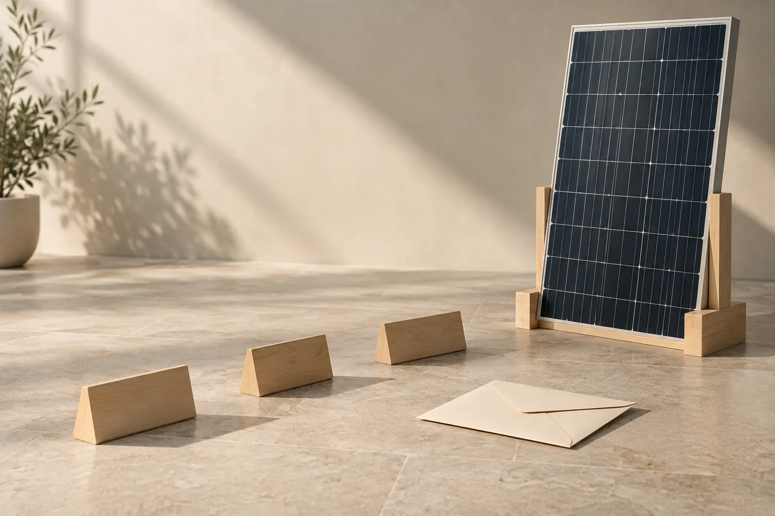 Editorial illustration of a solar panel beside a neutral programme-status queue and blank document