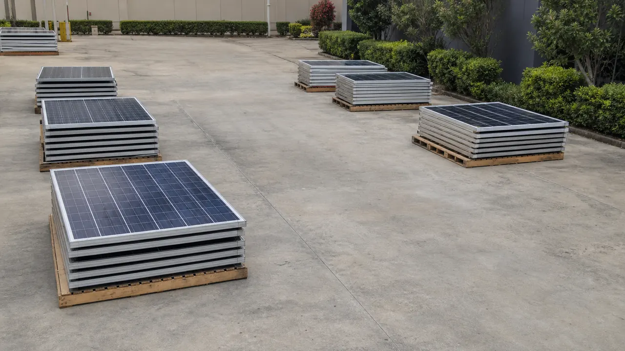 Safely ground-staged removed solar panels in an orderly commercial loading area with a clear pedestrian route