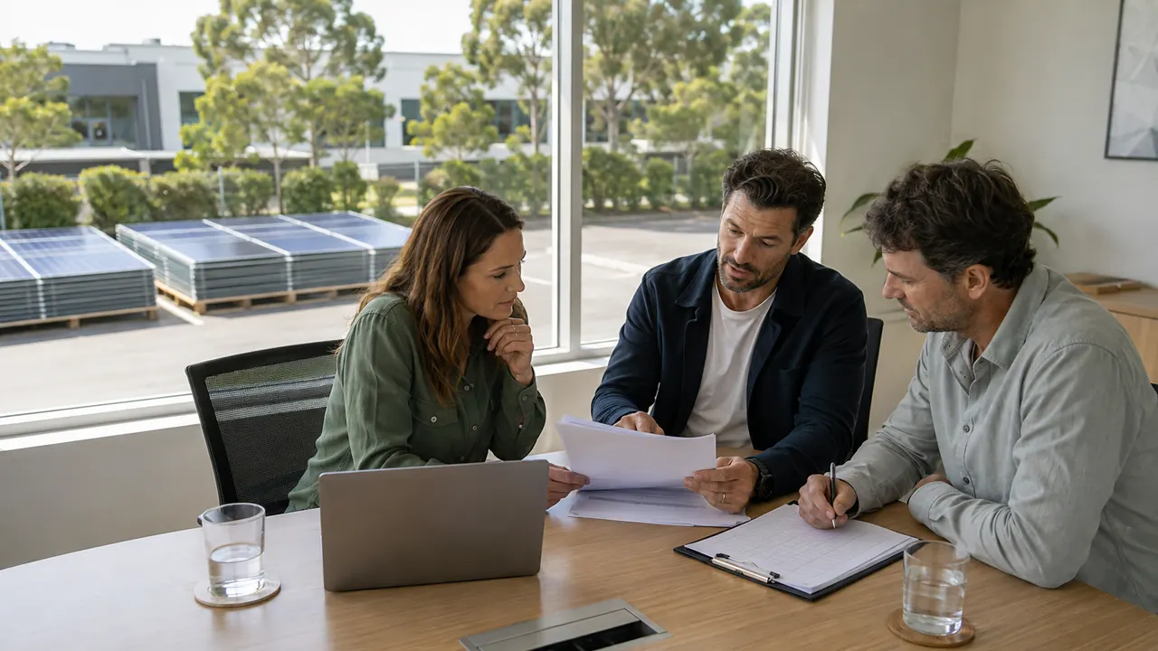 Project team reviewing an unbranded policy briefing and equipment inventory with safely staged removed solar panels in the background