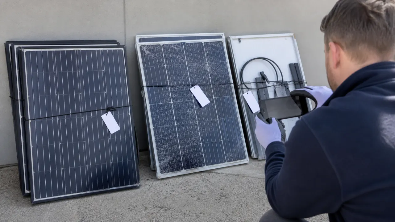 Coordinator documenting separate groups of securely staged removed solar panels by broad visible condition
