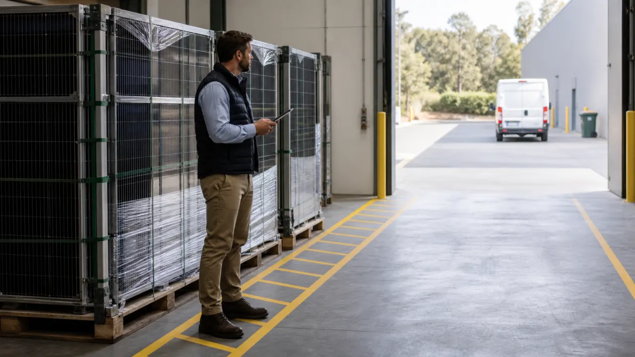 Project coordinator checking access beside securely staged removed solar panels in a commercial loading bay