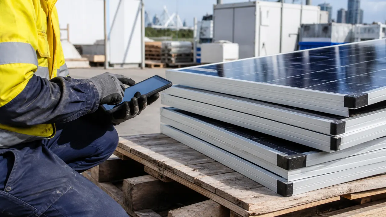 Technician recording the broad condition of removed solar panels before collection