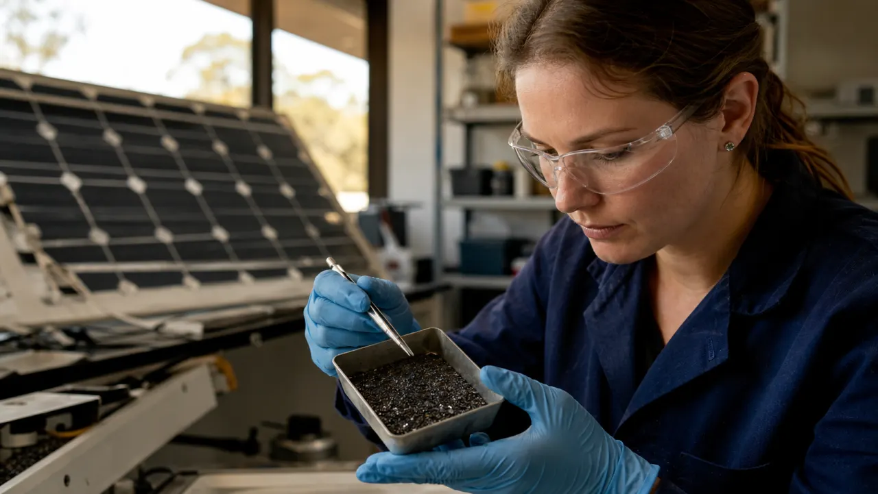 Materials researcher inspecting solar-cell material in a laboratory