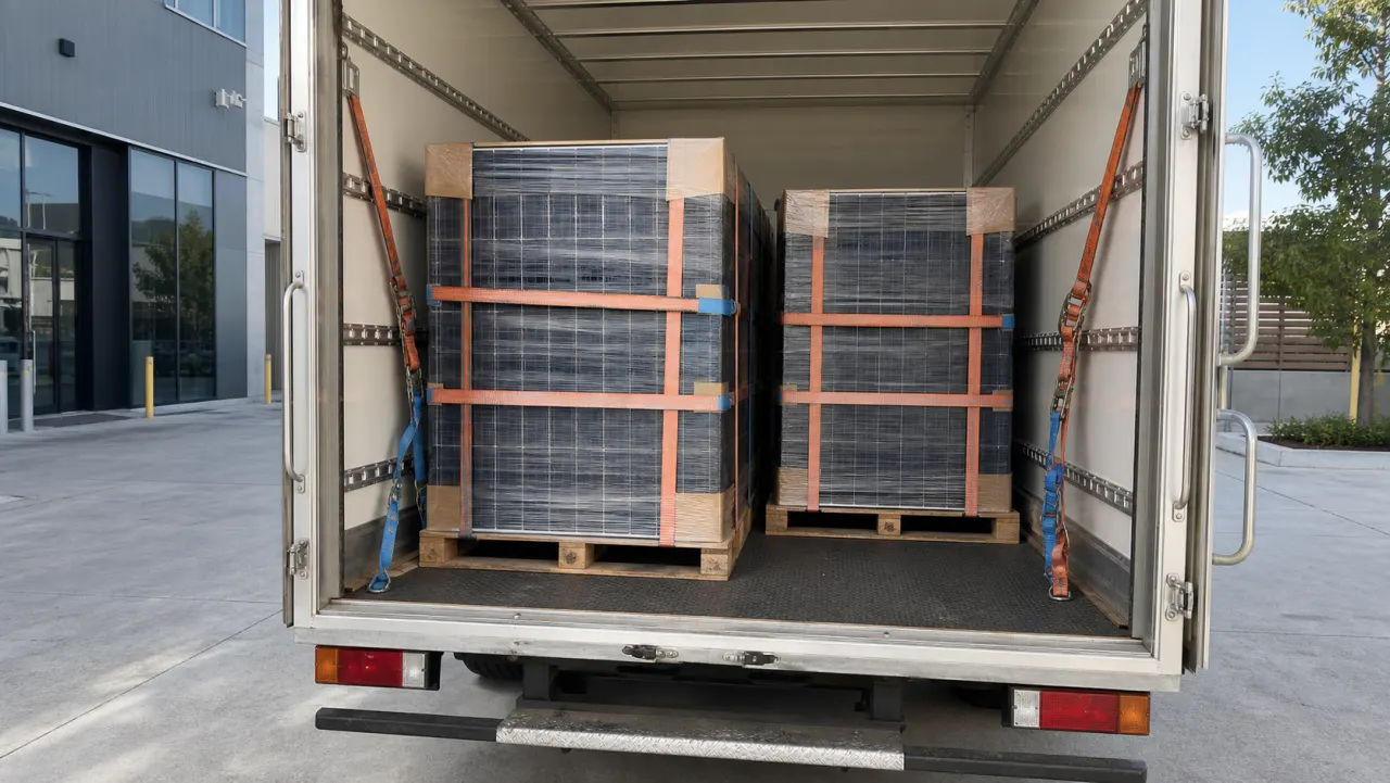 Safely secured pallets of removed solar panels ready for transport