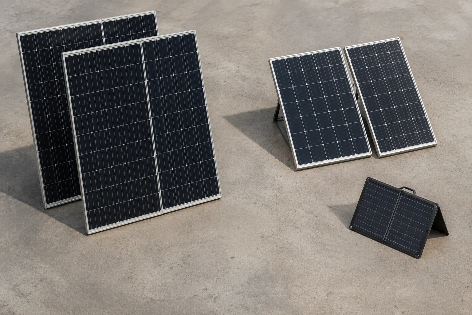 Separate generic solar-panel groups on a neutral ground-level surface