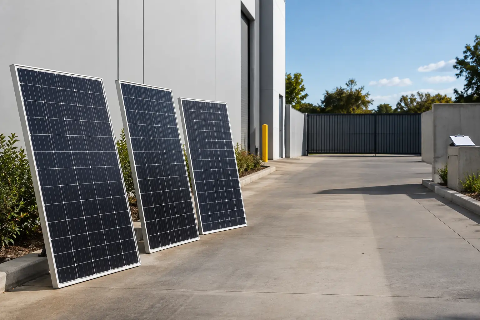 Detached solar panels beside a plain commercial loading lane