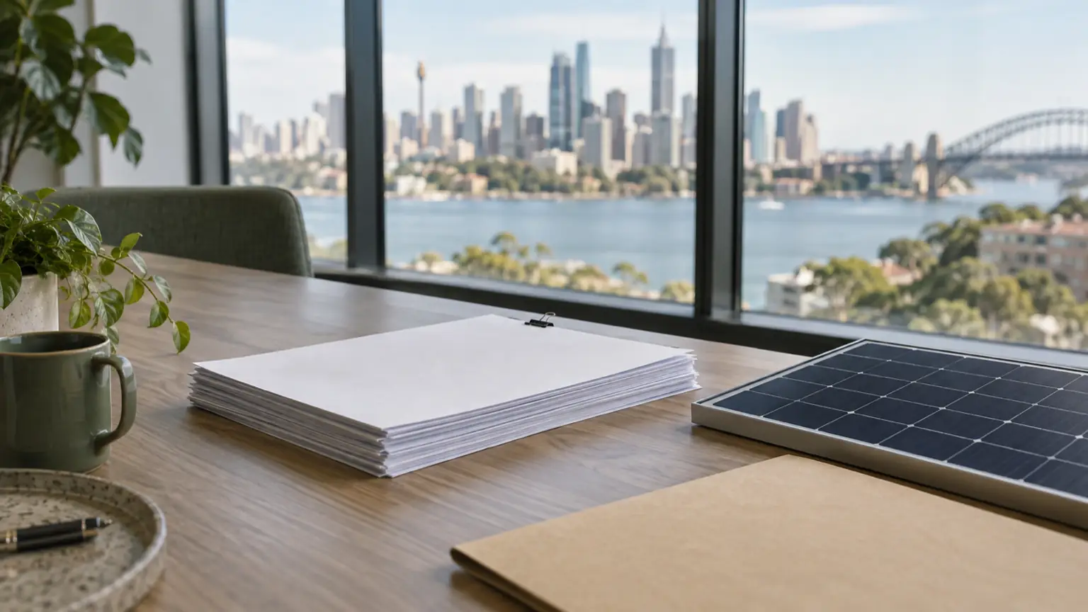 Blank consultation papers beside a solar panel sample on a desk overlooking Sydney Harbour