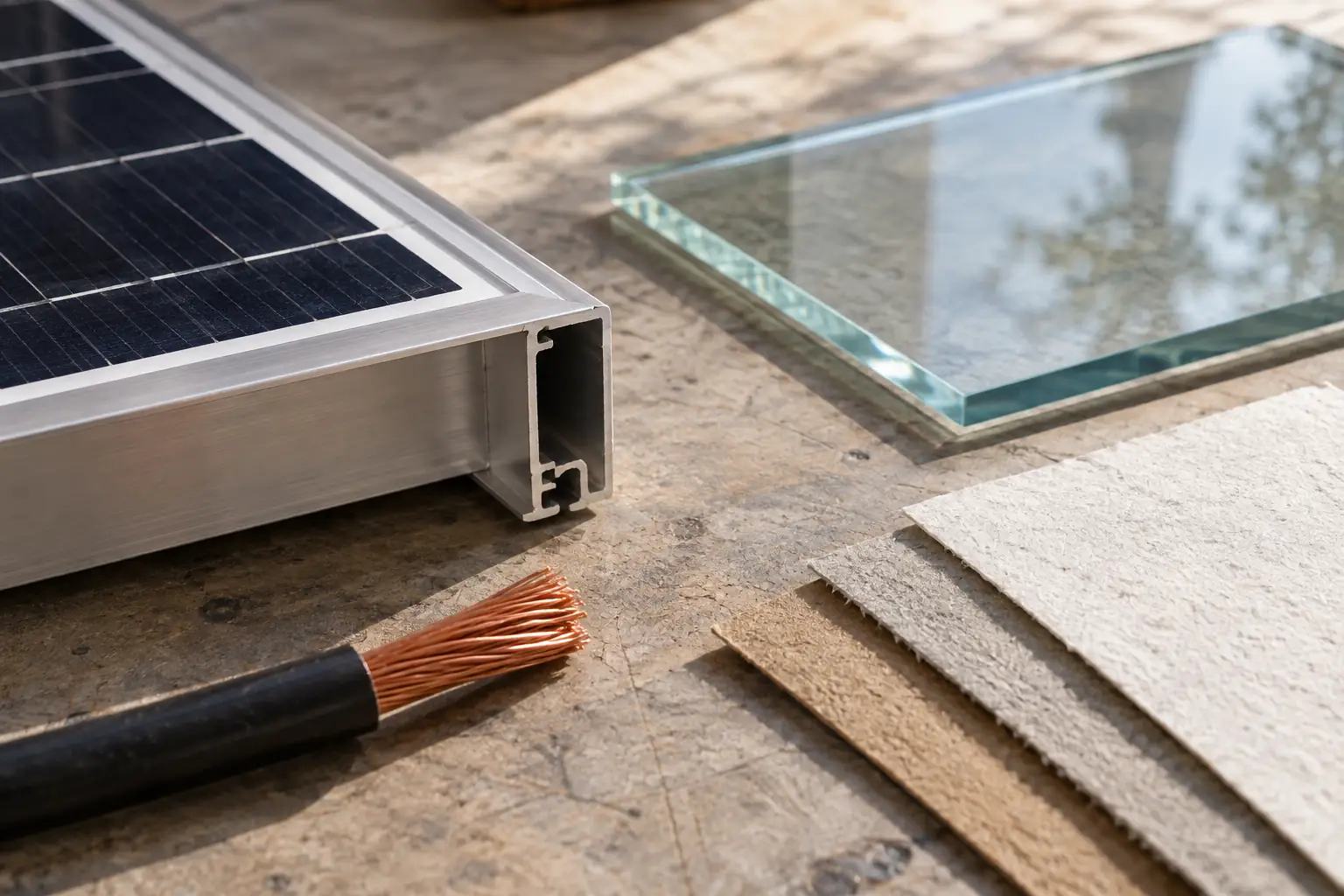 Solar panel frame sample, glass sample and copper cable on a neutral workbench
