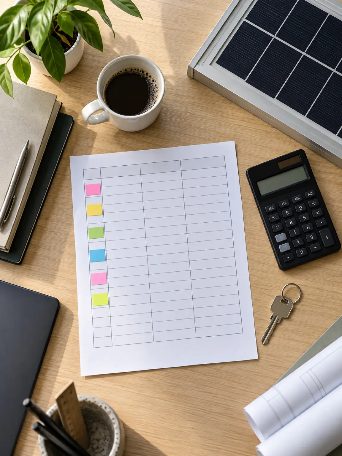 Blank asset register materials and a solar panel frame sample on a desk