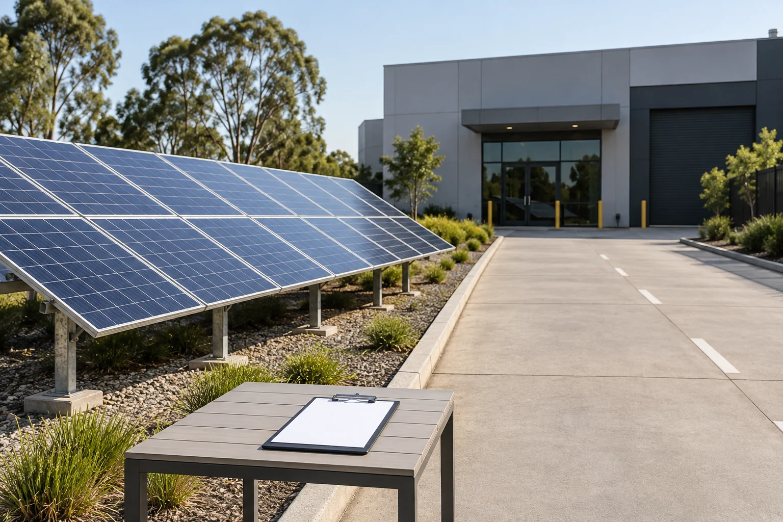Ground-level solar panels beside an unbranded commercial service lane and blank clipboard