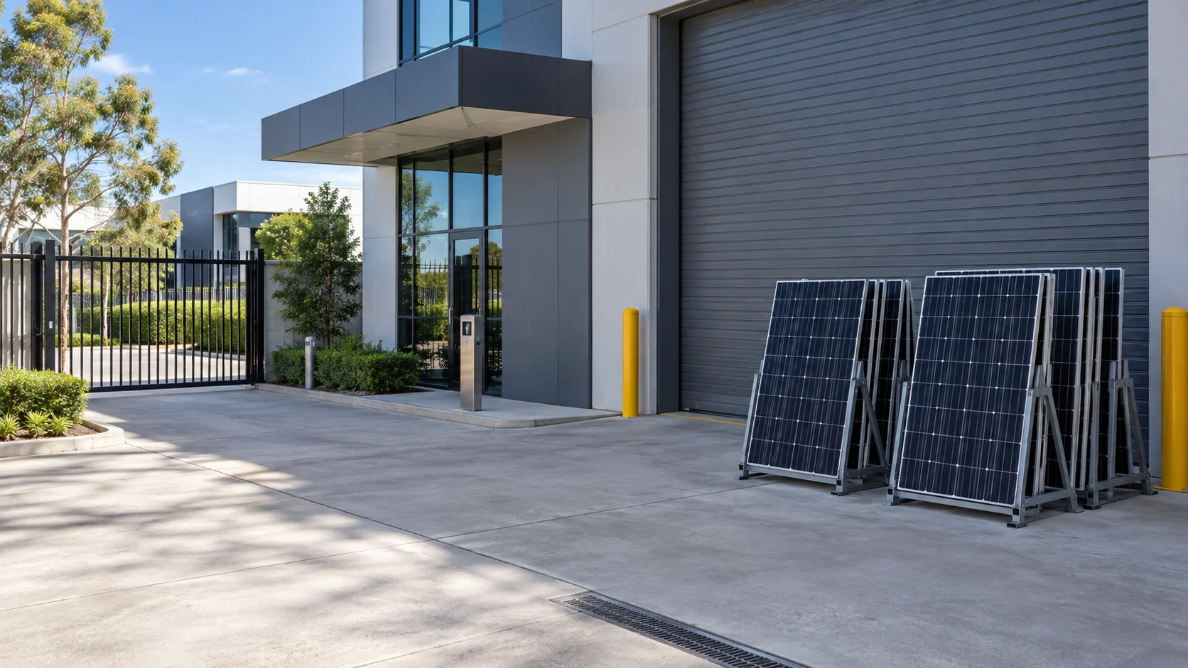 Commercial service entrance, unbranded gate and orderly ground-level solar panels on supports