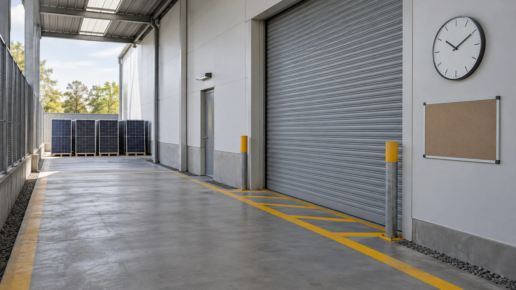 Quiet commercial service corridor with closed roller shutter, floor boundary lines and solar panels in the distance