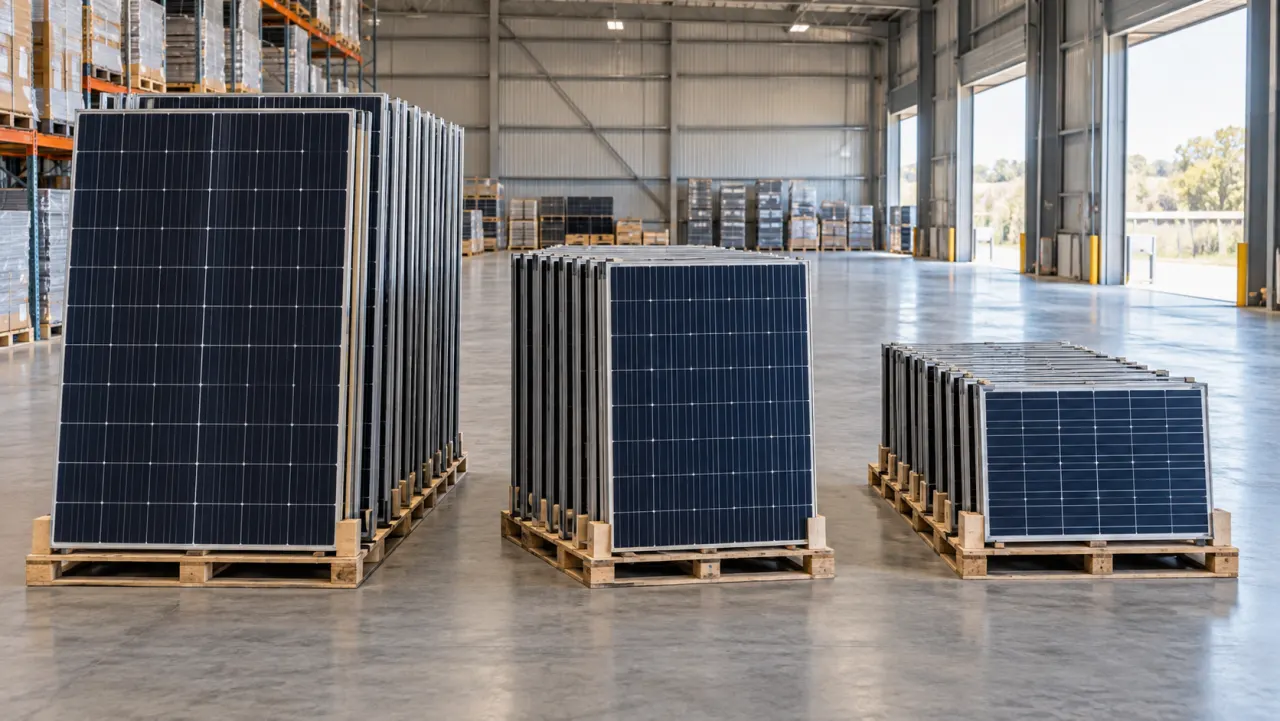 Three palletised solar-panel batches arranged in an open warehouse near loading doors