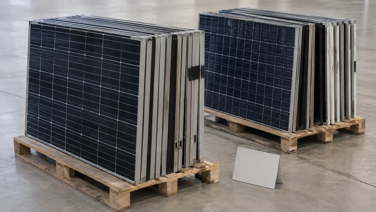 Two palletised groups of solar panels with a blank sign between them