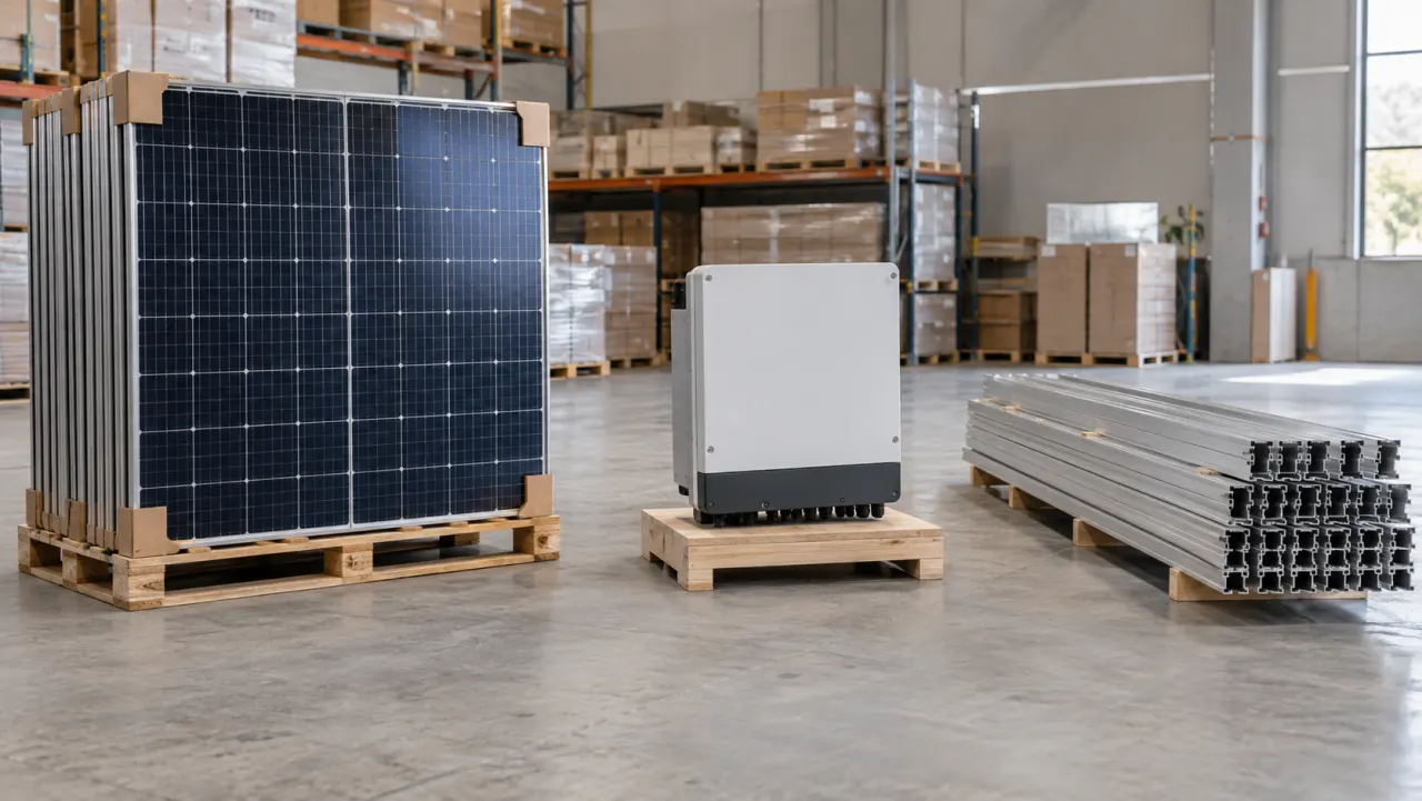 Pallet of solar panels, inverter and stack of mounting rails shown separately in a warehouse