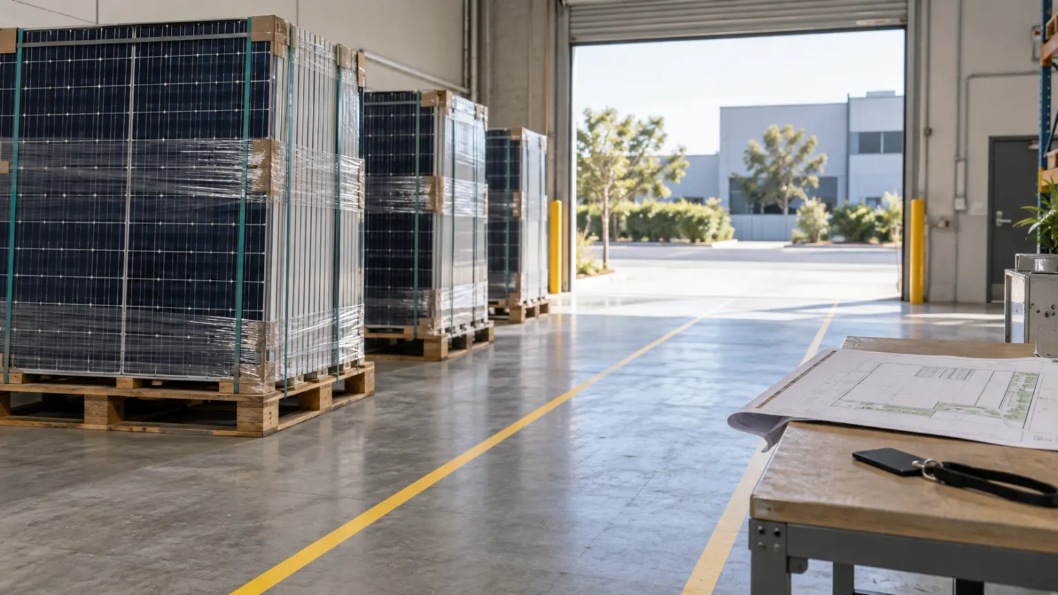 Palletised groups of solar panels beside an open warehouse loading bay and a blank site plan