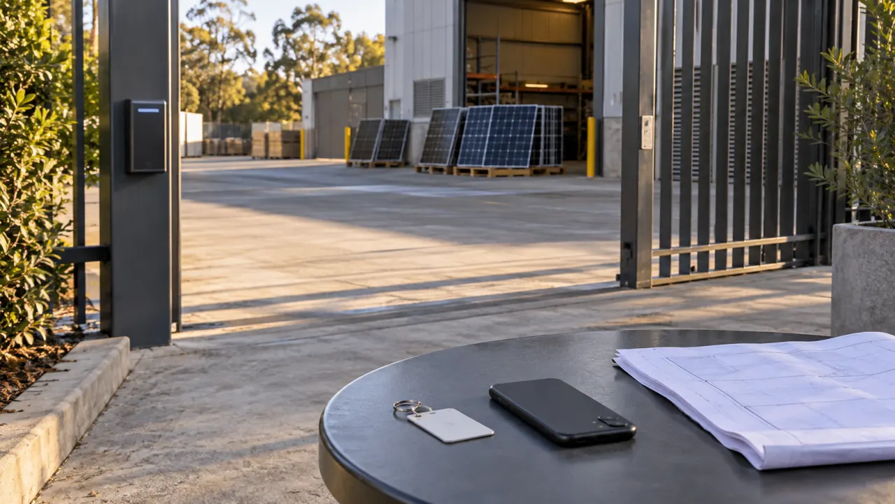 Site plan, keycard and phone beside a commercial gate with solar panels in the background