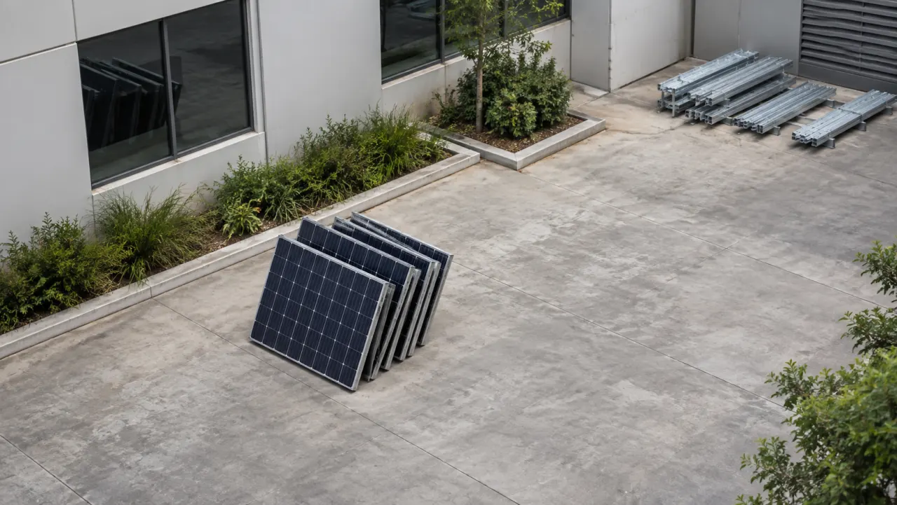 Separate group of solar panels and a stack of mounting rails in a commercial courtyard