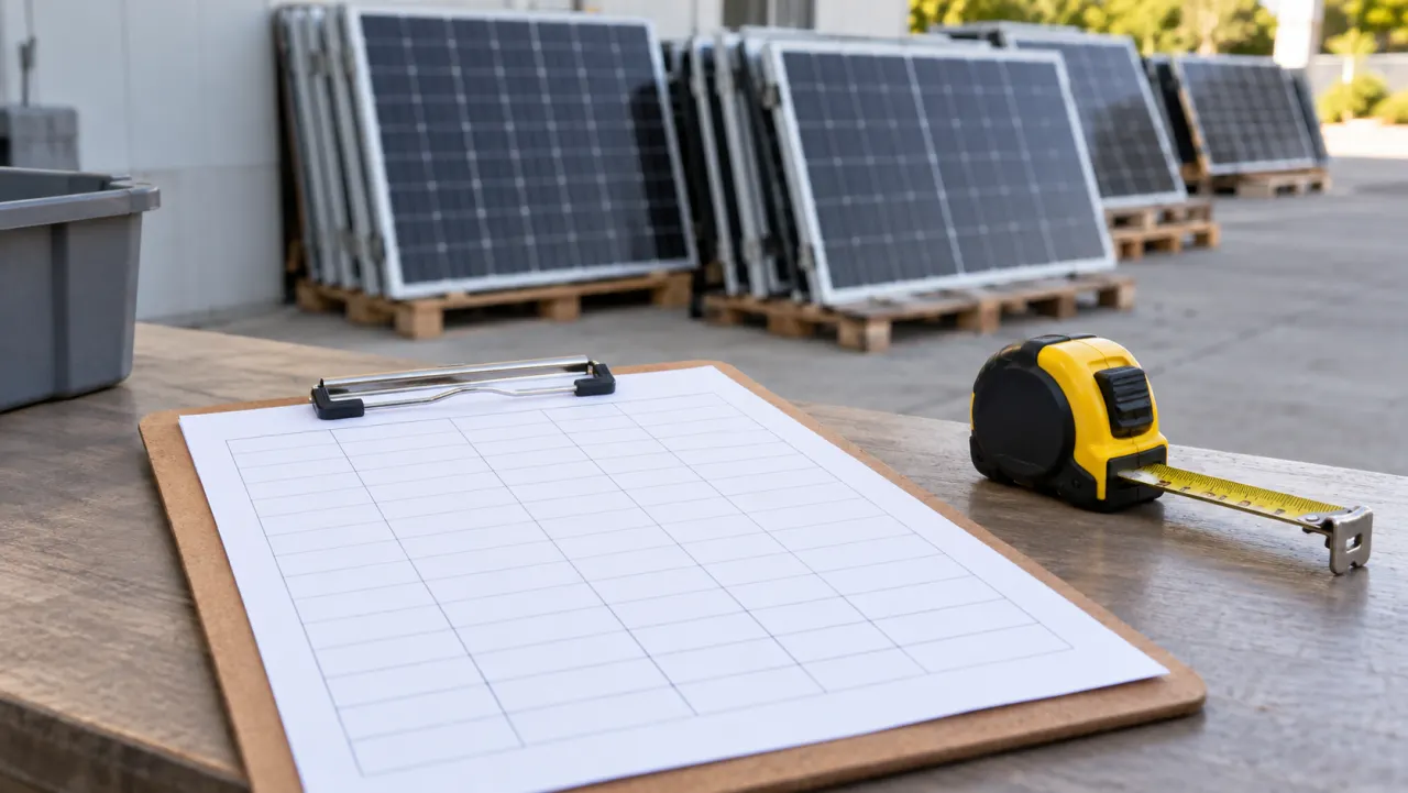Blank inventory sheet and tape measure beside solar panels