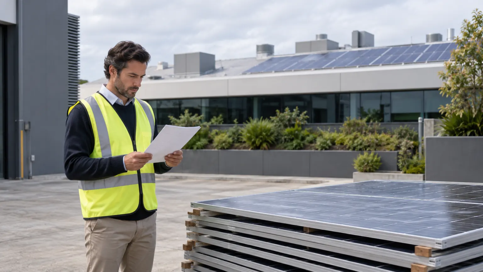 Person reviewing a blank scope sheet beside ground-level solar panels with panels still visible on a distant roof