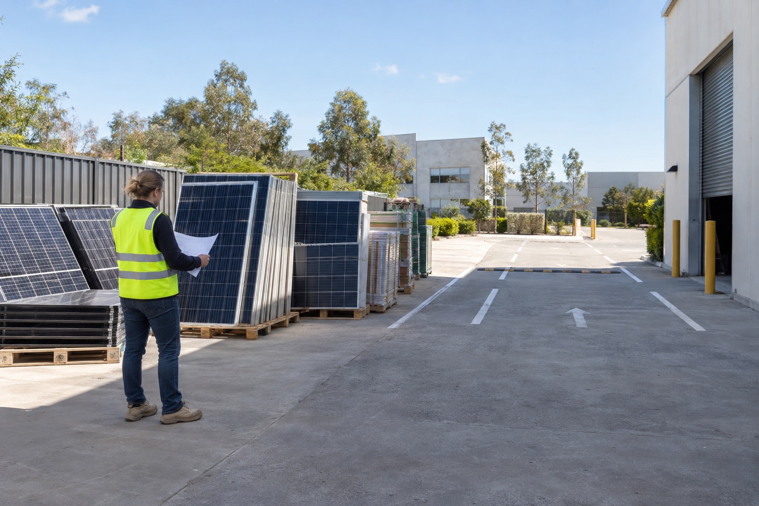 Editorial view of a project coordinator reviewing access beside a staged solar-panel batch and clear vehicle route