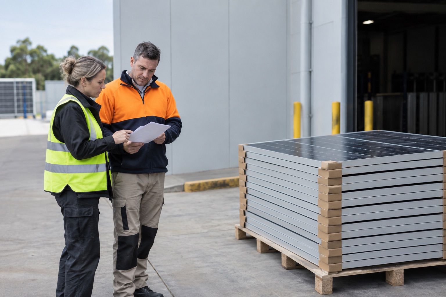 Editorial view of a project team reviewing handover notes beside a separated ground-level solar-panel batch