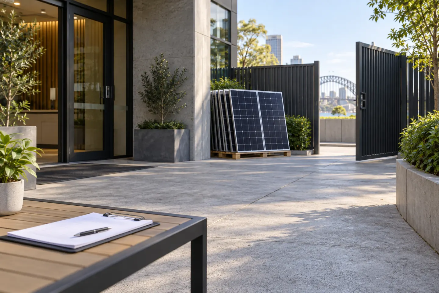 Ground-level commercial property handover area beside an entrance gate