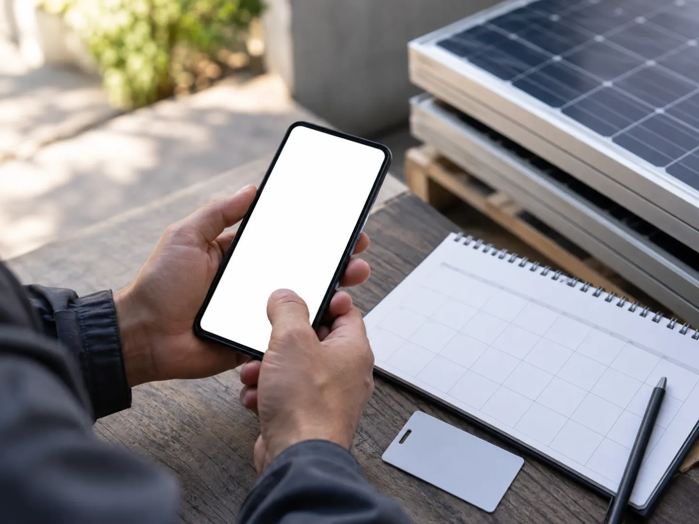 Hands using a phone beside an access card and a solar-panel corner