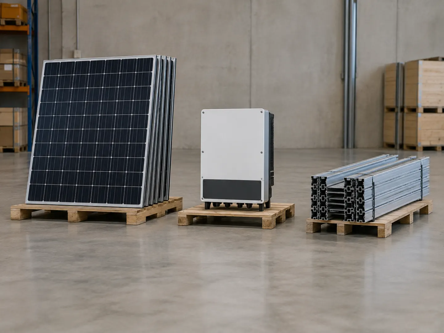 Separately staged solar panels, inverter and rails in a commercial warehouse