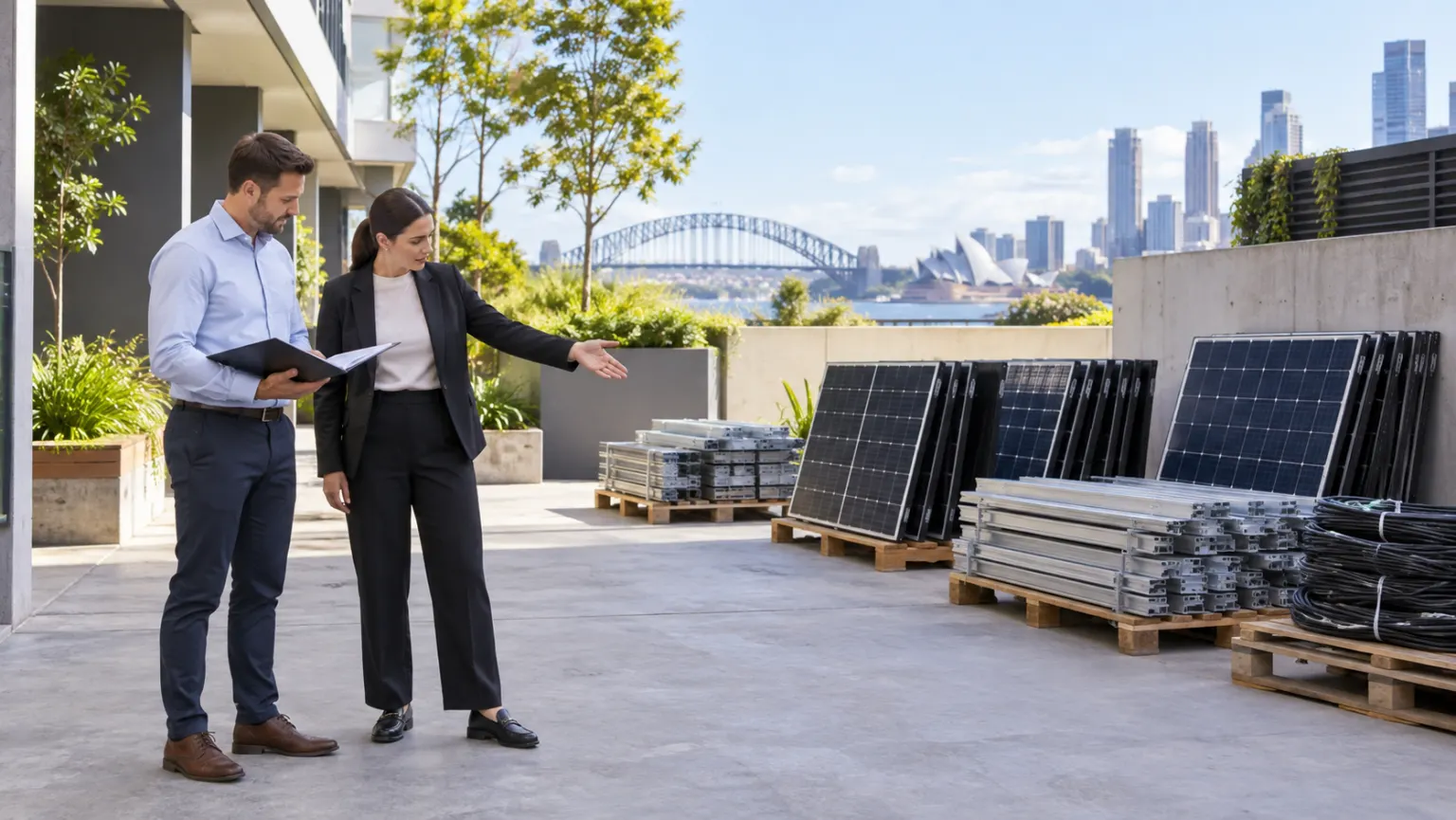Two property professionals discussing separated solar equipment in a Sydney courtyard