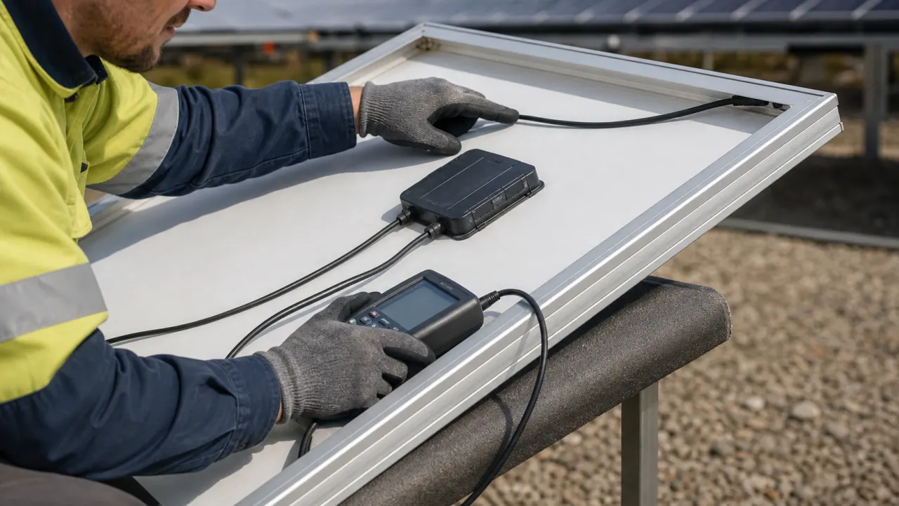Technician inspecting the frame, backsheet and junction-box area of a removed solar panel