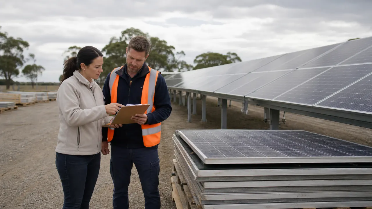 Solar asset manager comparing newer photovoltaic modules with a pallet of removed panels