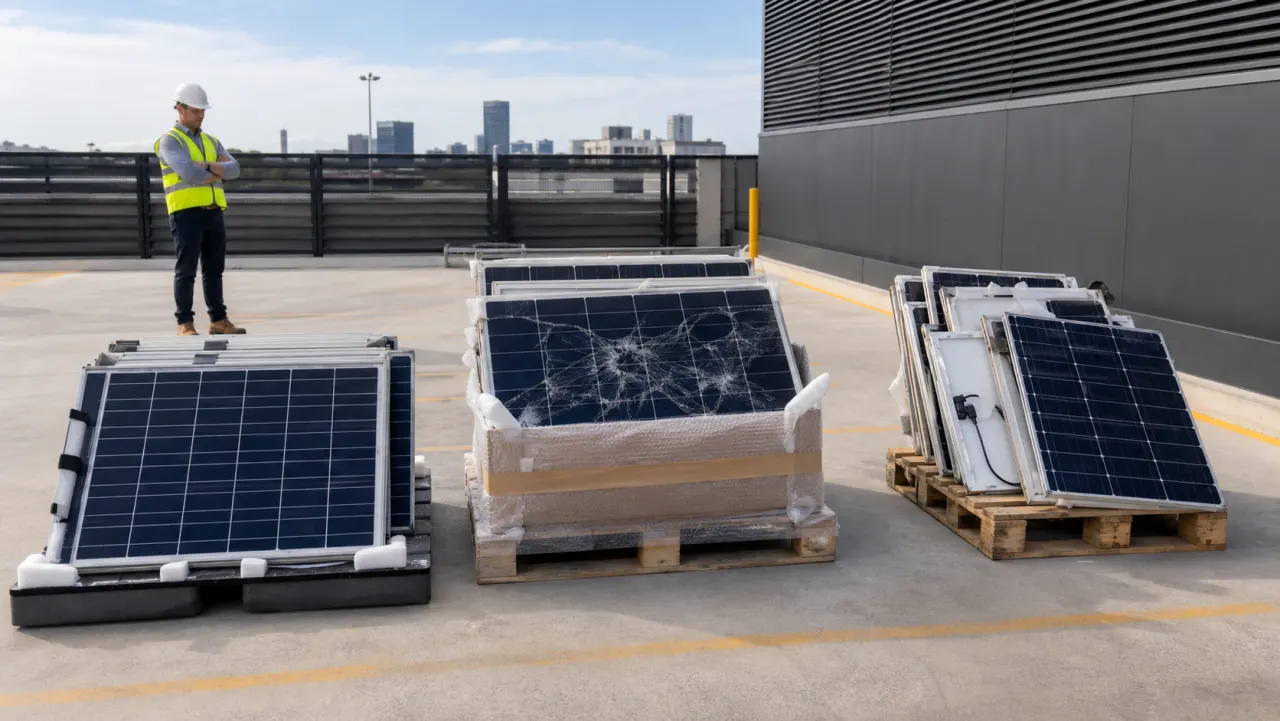 Removed solar panels separated into intact, cracked and mixed-condition groups at a project handover bay