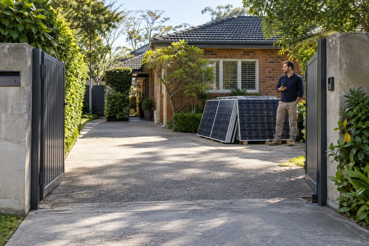 Illustrative clear residential driveway route leading to a protected ground-level solar panel handover point