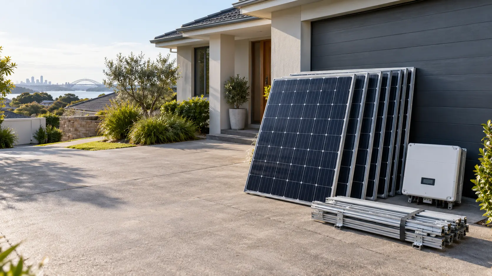 Illustrative Sydney home driveway with removed solar panels staged at ground level for collection planning