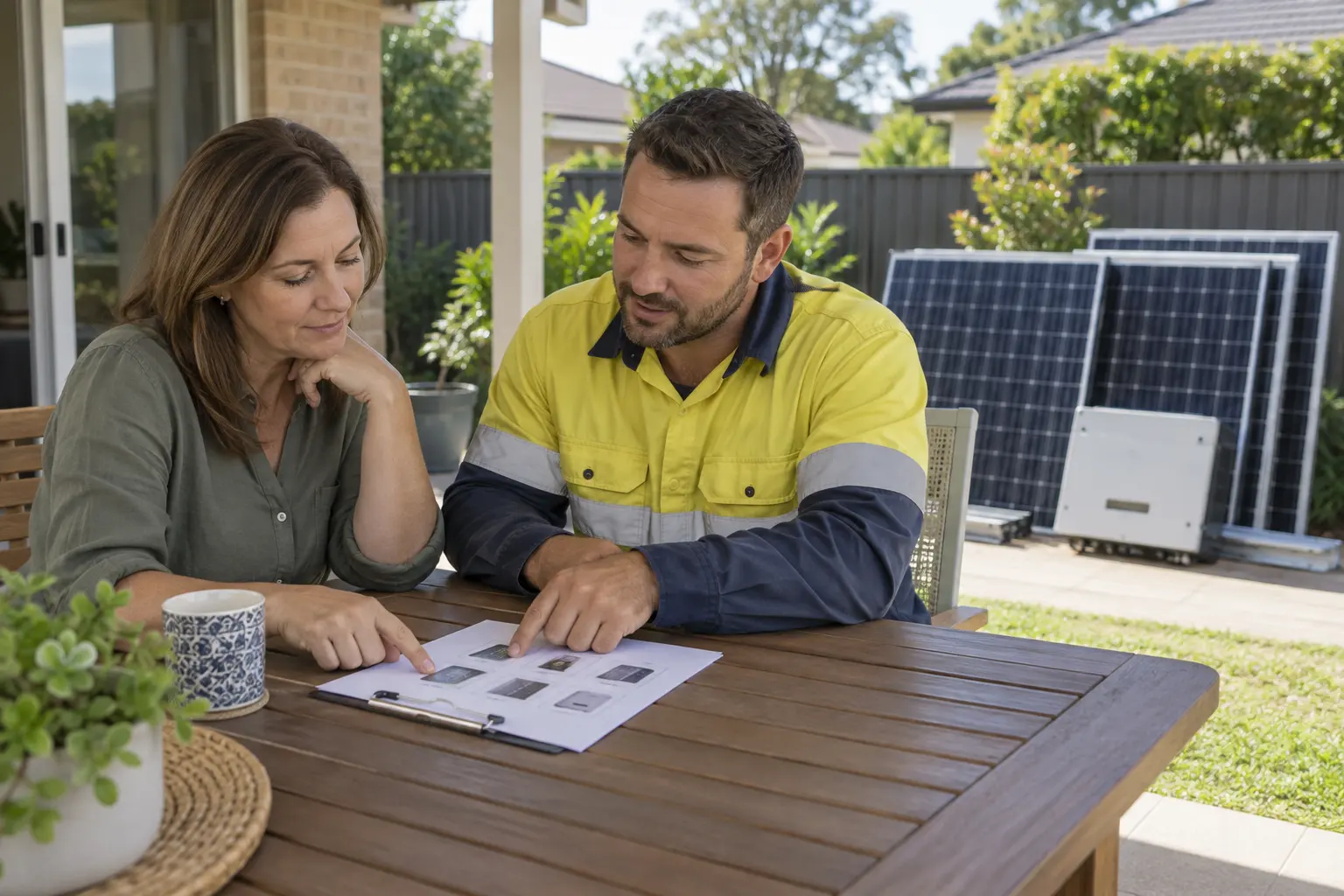 Illustrative homeowner and electrician reviewing a removed solar equipment inventory at ground level