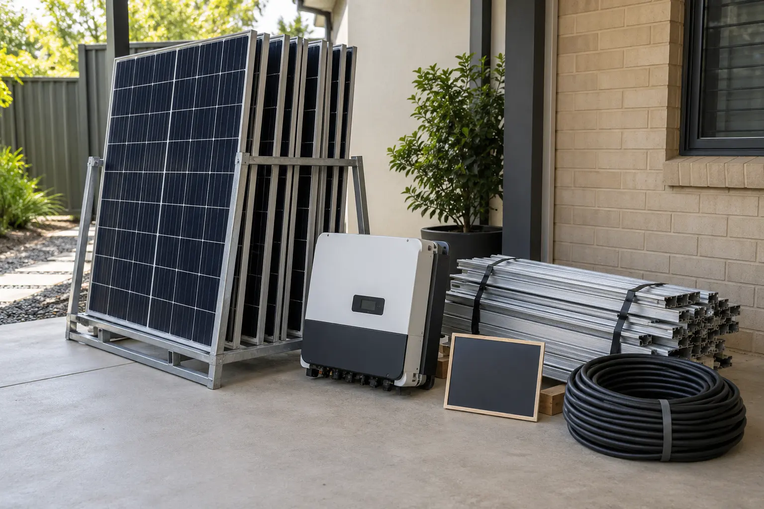 Illustrative separated solar panels inverter rails and cabling prepared for a residential equipment count