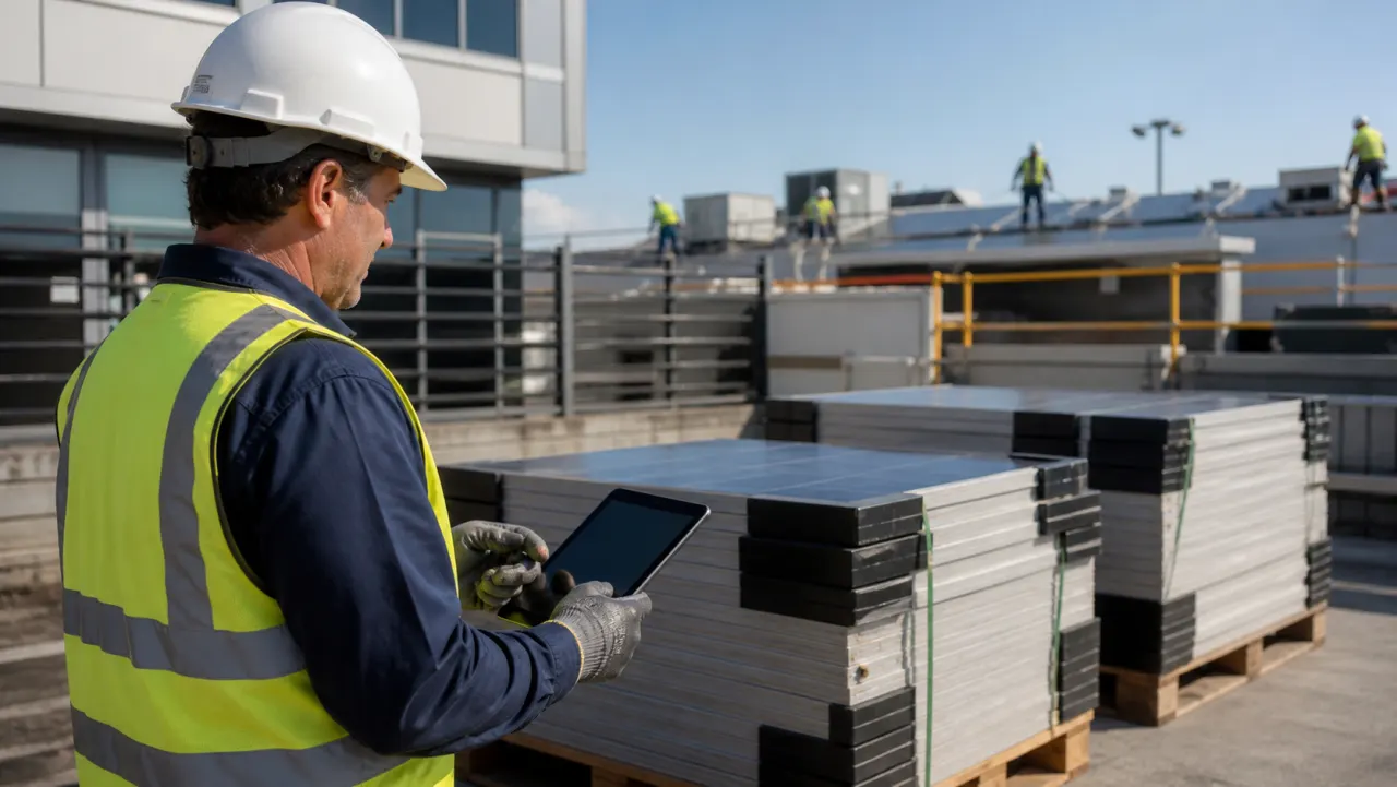 Site supervisor recording the count of safely staged removed solar panels