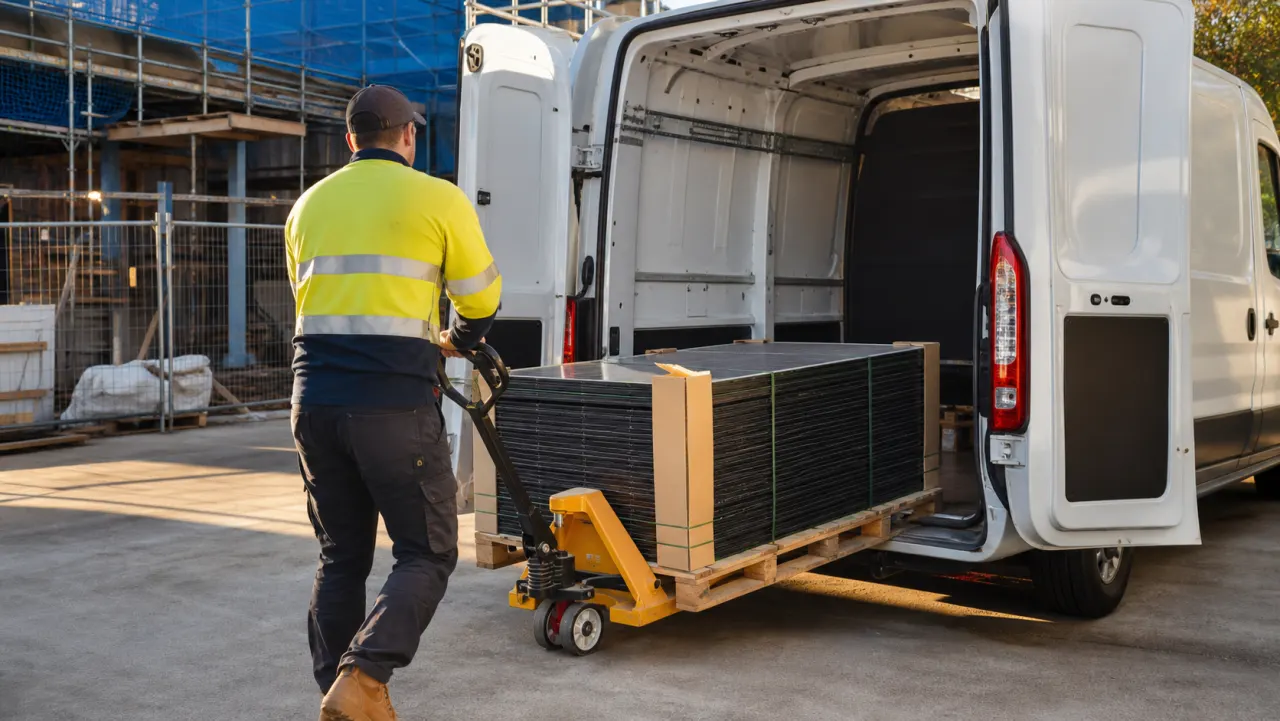 Protected pallet of removed solar panels being loaded into an unbranded collection van