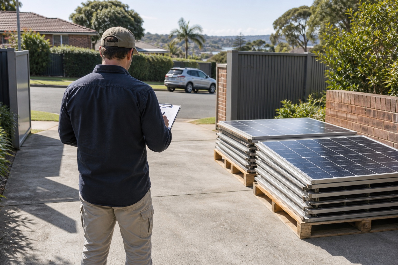 Editorial view of a ground-level solar-panel handover area with access being checked from a suburban driveway