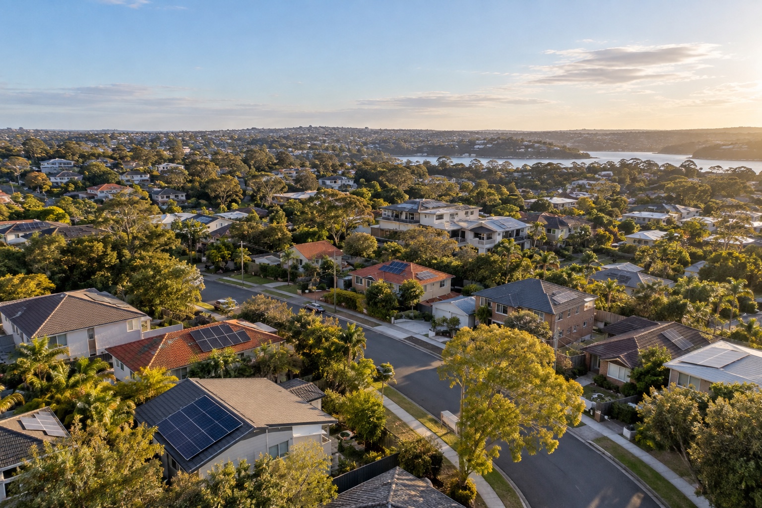 Editorial aerial view of Australian suburban rooftops and local road access