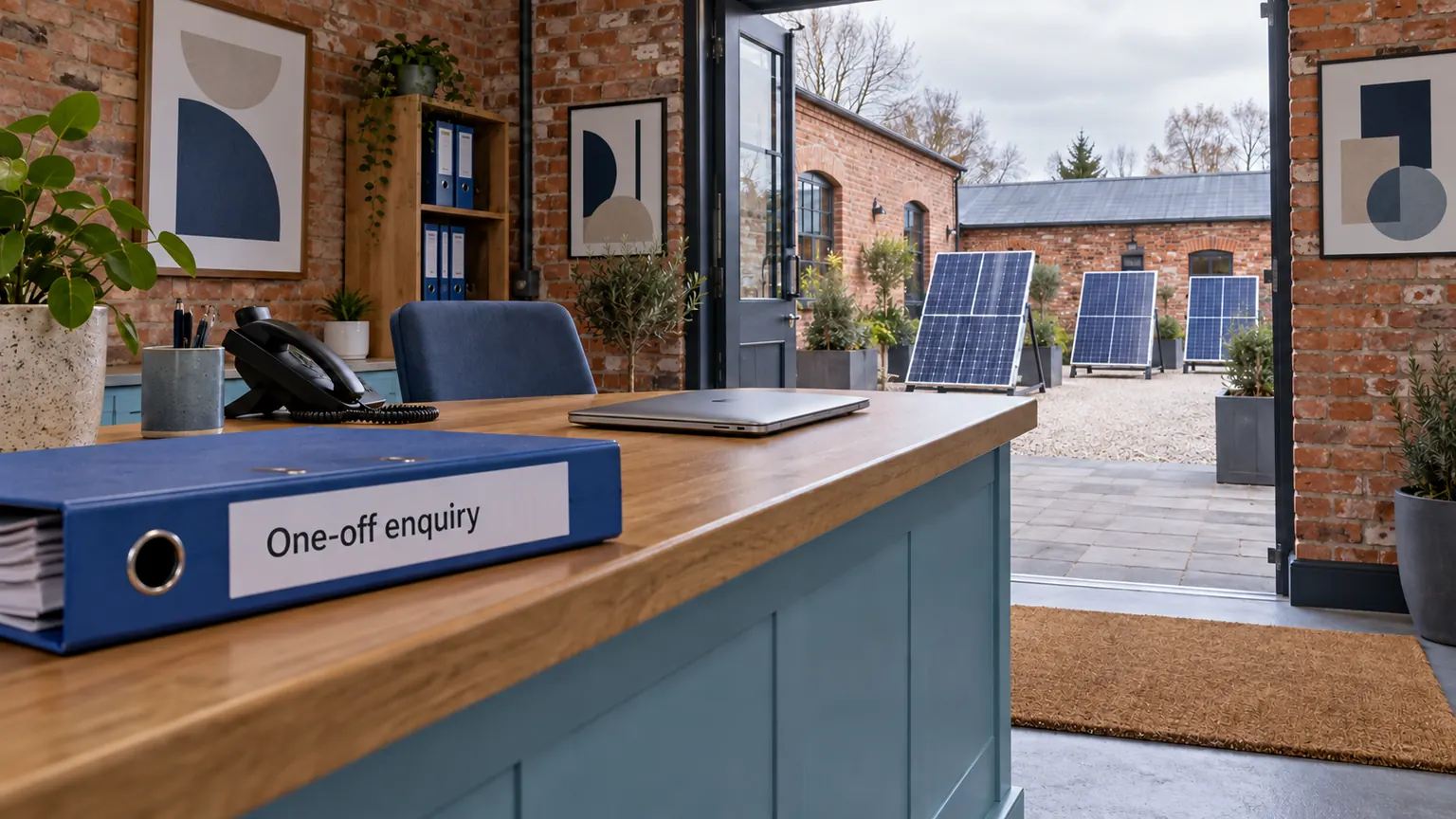 Blue One-off enquiry binder and desk phone in a brick office with detached solar modules beyond a doorway