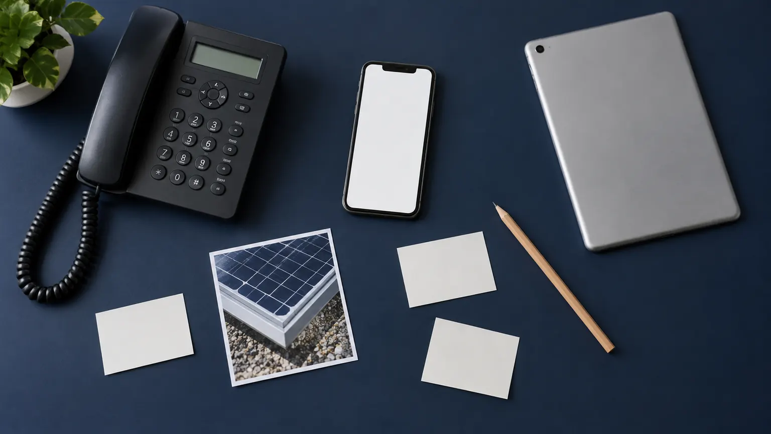 Landline phone, smartphone, closed tablet and blank notes around a solar-module-corner photograph