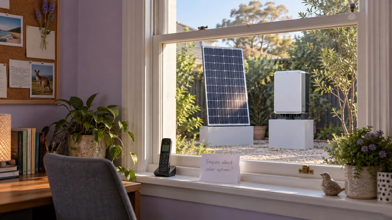 Home-study window overlooking a solar module and a separate white inverter housing on plinths
