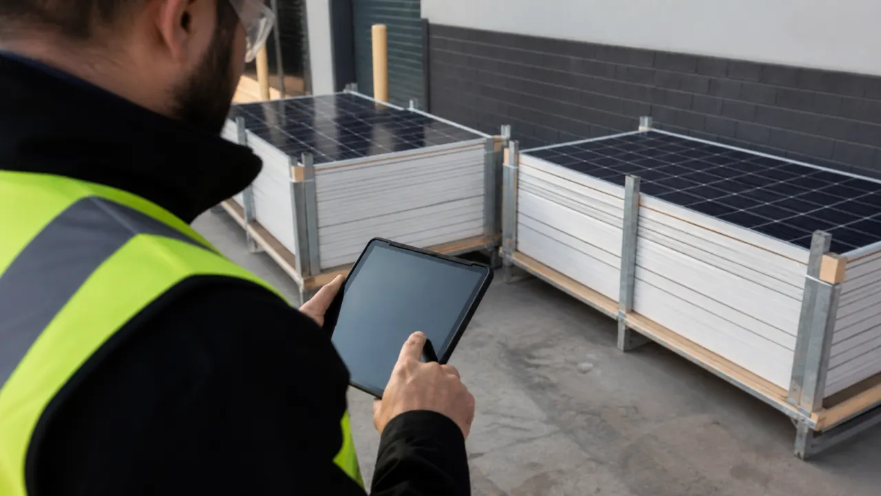 Site coordinator recording an inventory of safely staged removed solar panels on a tablet