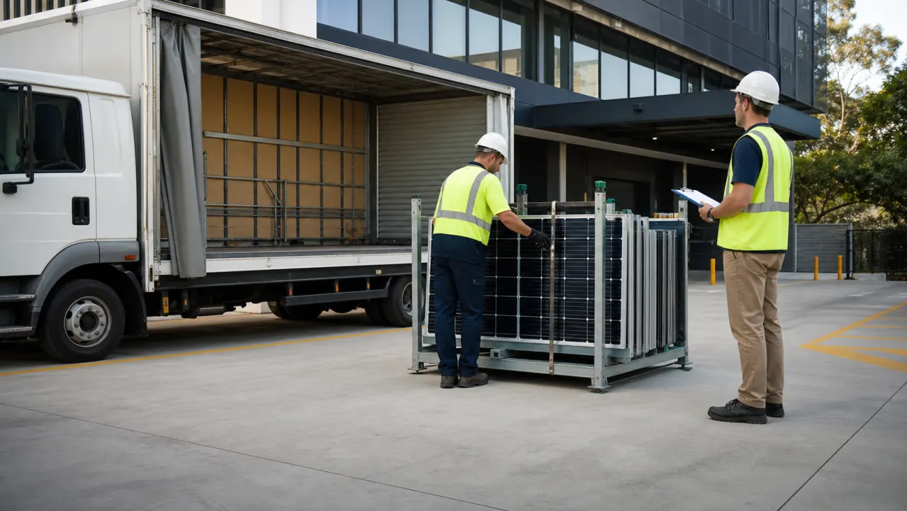Removed solar panels in a secure rack being prepared for collection at a commercial loading dock