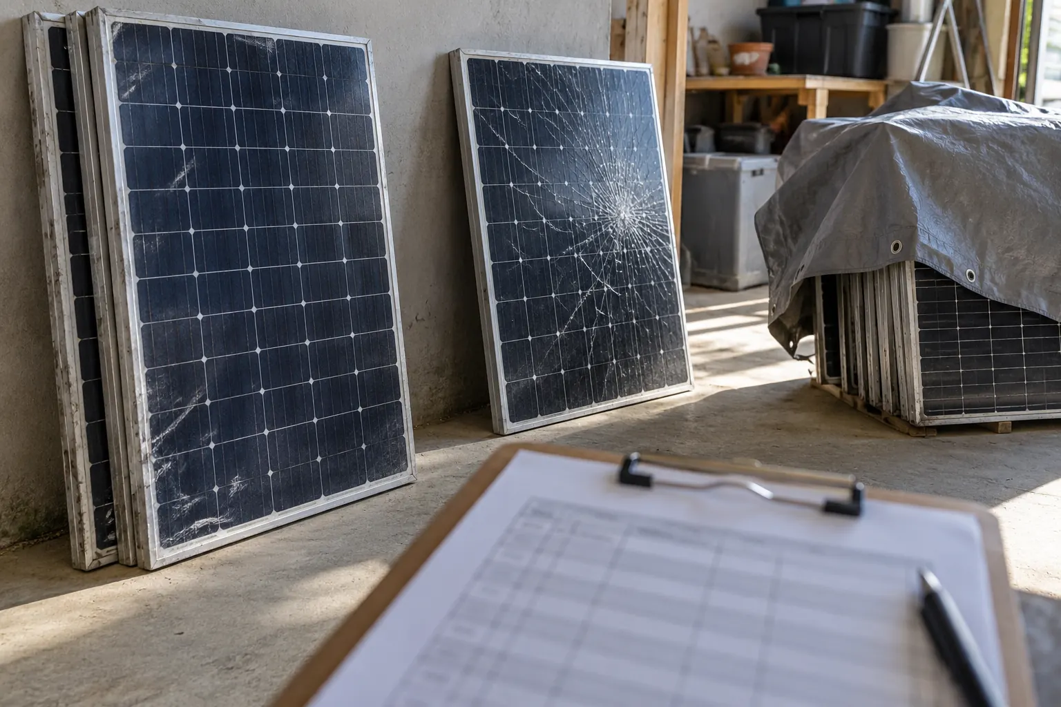 Separate scuffed-frame and cracked-glass solar modules beside a partly covered group and a foreground clipboard