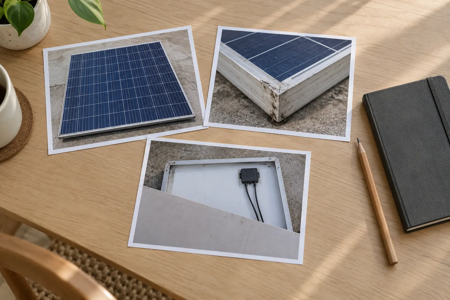 Three paper photographs showing a panel face, an aluminium corner and a partly obscured rear face beside a notebook