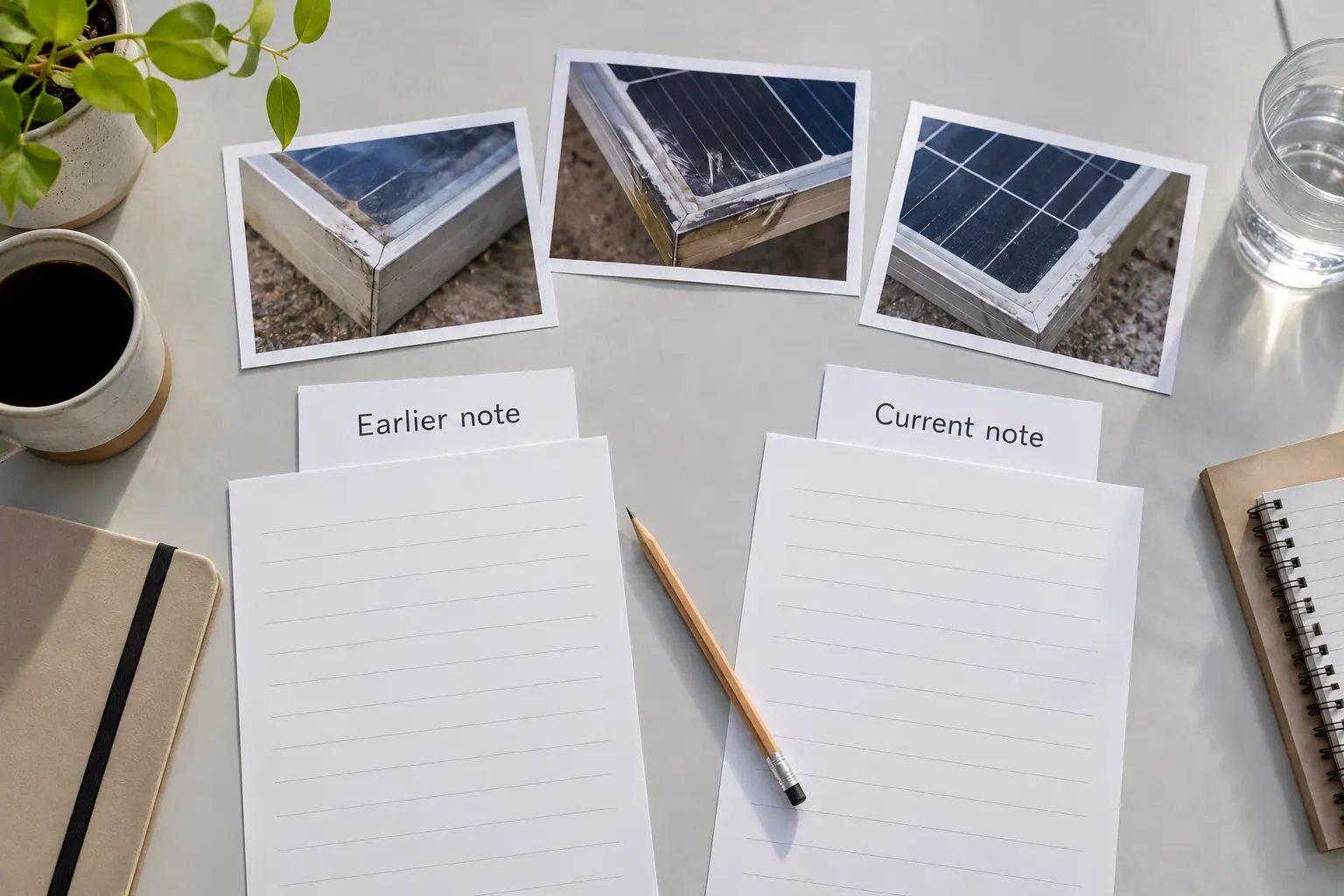 Blank lined note sheets with Earlier note and Current note divider cards beneath three solar-panel-corner photographs