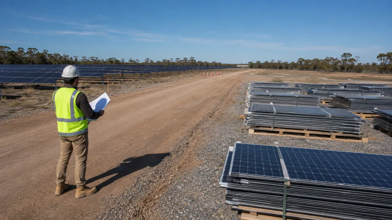 Utility-scale coordinator reviewing ground-level staging and access information beside removed solar panel batches